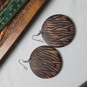 Wooden Brown  Zebra Print Style  Round Earrings